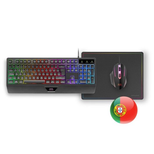 Mars Gaming MCP124 Combo 3 en1 Teclado LED RGB + Ratón RGB 3200 DPI + Alfombrilla, Portugués, Negro