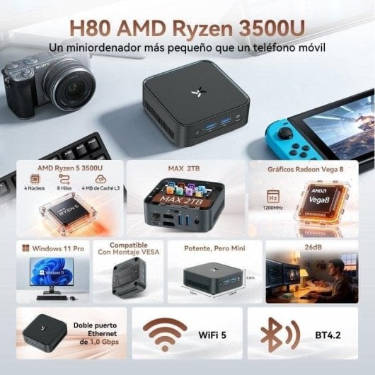 Huidun H80 AMD Ryzen 5 3500U 16GB RAM 512GB ROM Radeon Vega 8 Graphics Mini PC, Plata