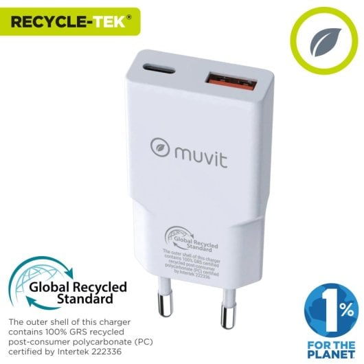 Muvit For Change Slim 1 USB QC 3.0 18-W-Wandladegerät + 1 USB-C PD 30 W, Weiß