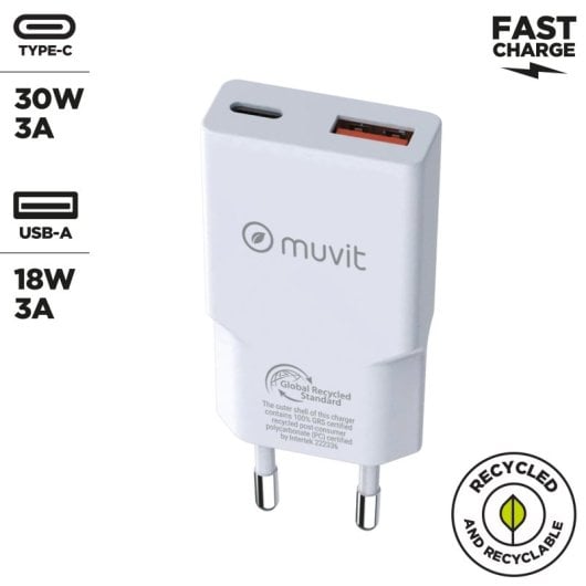 Muvit For Change Slim 1 USB QC 3.0 18-W-Wandladegerät + 1 USB-C PD 30 W, Weiß