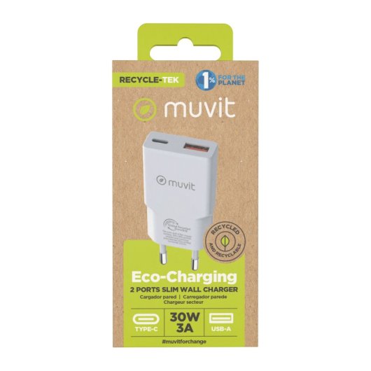 Muvit For Change Slim 1 USB QC 3.0 18-W-Wandladegerät + 1 USB-C PD 30 W, Weiß