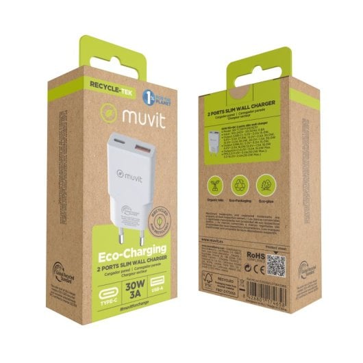 Muvit For Change Slim 1 USB QC 3.0 18-W-Wandladegerät + 1 USB-C PD 30 W, Weiß