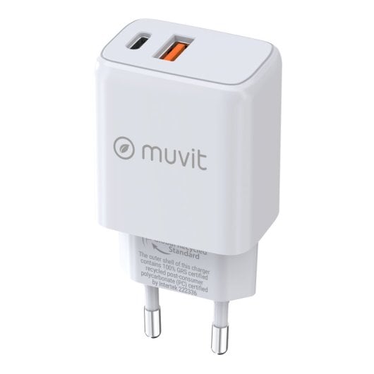 Muvit For Change Caricatore da Muro 1 USB QC 3.0 18w + 1 USB-C PD 25W Bianco
