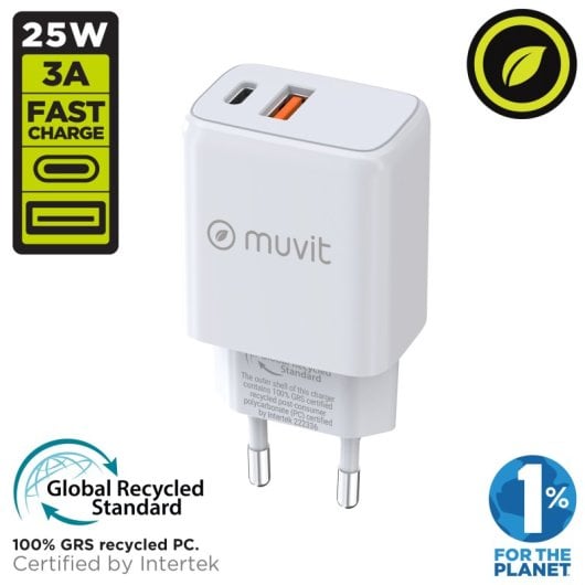 Muvit For Change Caricatore da Muro 1 USB QC 3.0 18w + 1 USB-C PD 25W Bianco