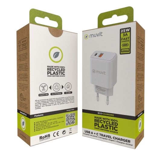 Muvit For Change Caricatore da Muro 1 USB QC 3.0 18w + 1 USB-C PD 25W Bianco