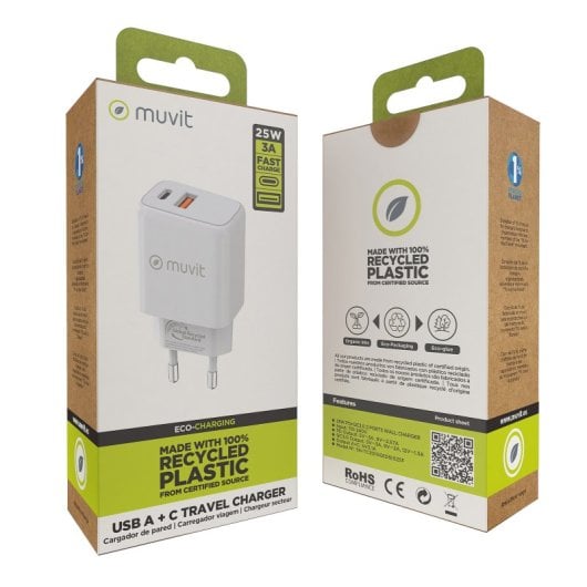 Muvit For Change Caricatore da Muro 1 USB QC 3.0 18w + 1 USB-C PD 25W Bianco