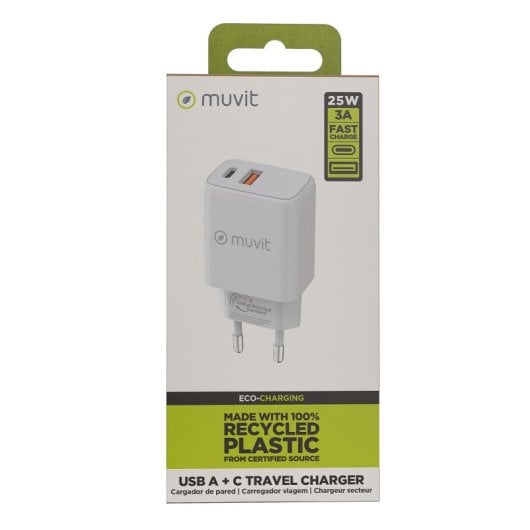 Muvit For Change Caricatore da Muro 1 USB QC 3.0 18w + 1 USB-C PD 25W Bianco