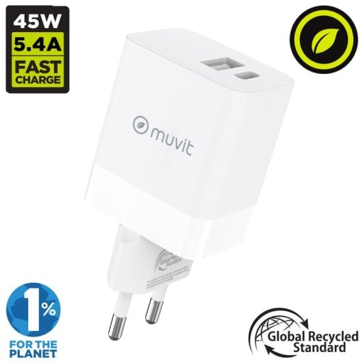Muvit For Change Cargador de Pared 1 USB 12W + 1 USB-C PD 45W Blanco