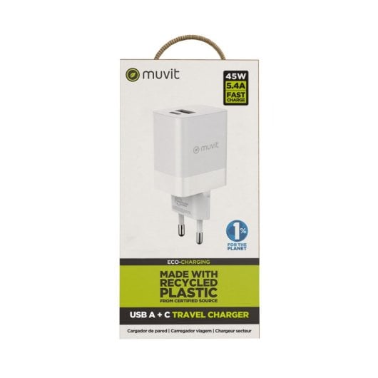 Muvit For Change Cargador de Pared 1 USB 12W + 1 USB-C PD 45W Blanco