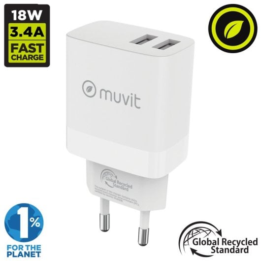 Muvit For Change Cargador de Pared 2 Usb 3.4A/18W Blanco