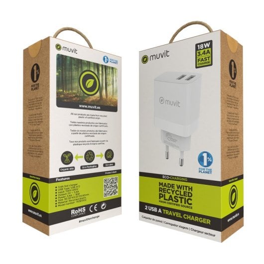 Muvit For Change Cargador de Pared 2 Usb 3.4A/18W Blanco