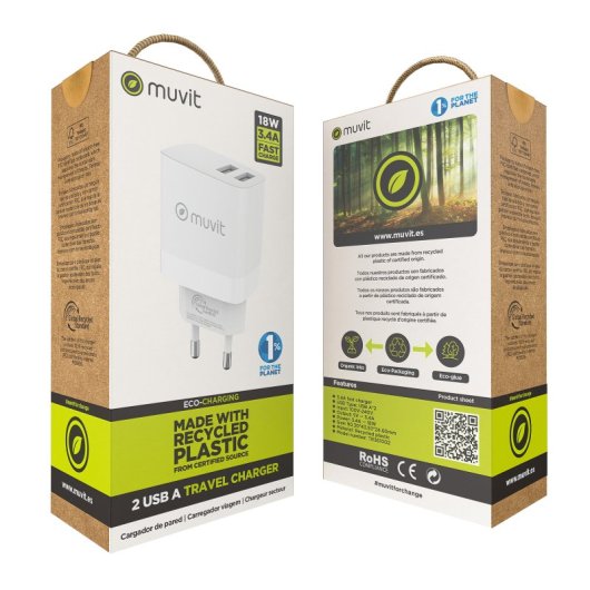 Muvit For Change Cargador de Pared 2 Usb 3.4A/18W Blanco