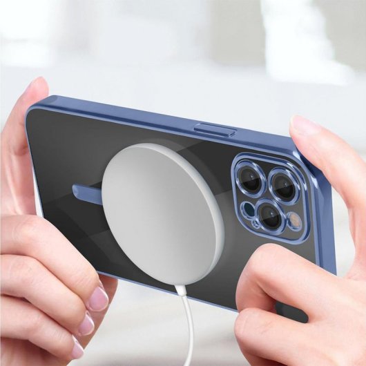 Cool Funda Magnética Transparente con Borde Azul Marino para iPhone 15