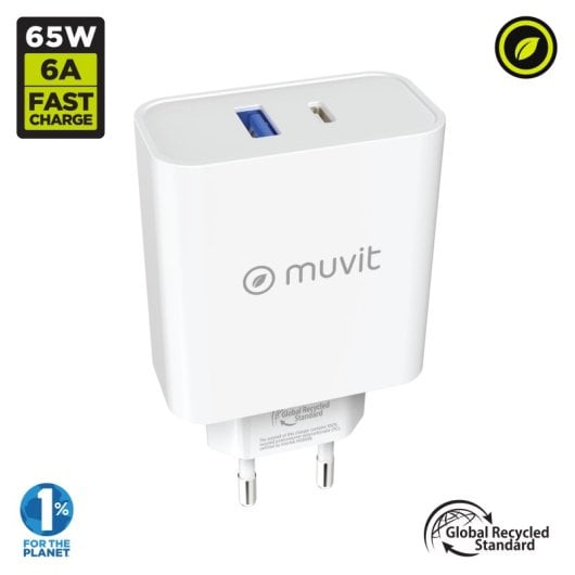 Muvit For Change Cargador de Pared 1 USB QC 3.0 18W+1 USB-C PD 65W Blanco