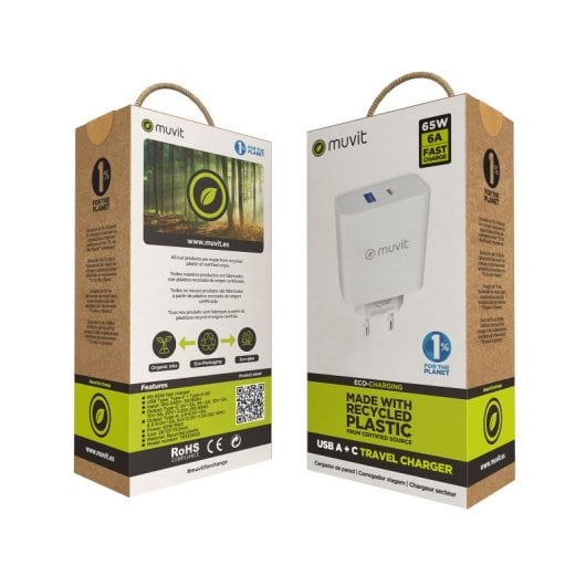 Muvit For Change Cargador de Pared 1 USB QC 3.0 18W+1 USB-C PD 65W Blanco