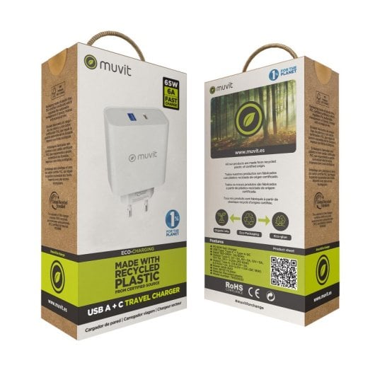 Muvit For Change Cargador de Pared 1 USB QC 3.0 18W+1 USB-C PD 65W Blanco