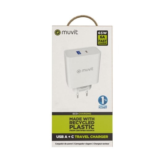 Muvit For Change Cargador de Pared 1 USB QC 3.0 18W+1 USB-C PD 65W Blanco