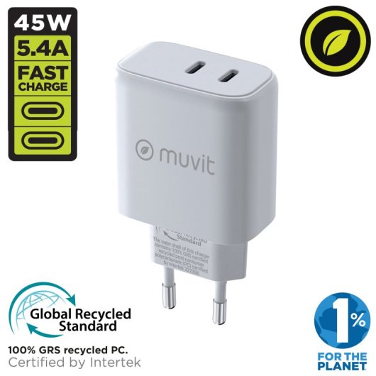 Muvit For Change Cargador de Pared 1 USB-C PD 45W + 1 USB-C PD 20W Blanco