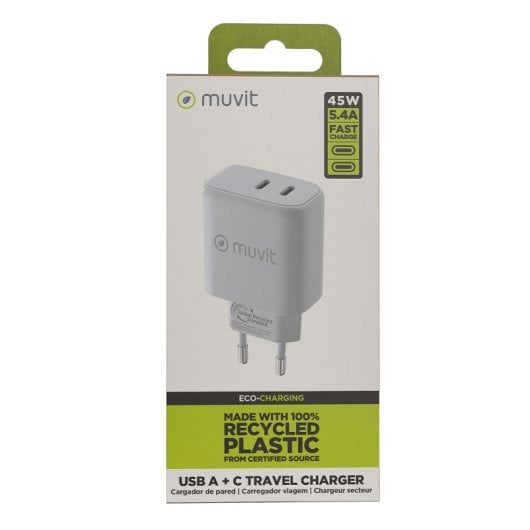 Muvit For Change Cargador de Pared 1 USB-C PD 45W + 1 USB-C PD 20W Blanco