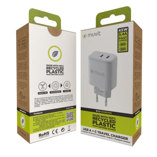 Muvit For Change Cargador de Pared 1 USB-C PD 45W + 1 USB-C PD 20W Blanco