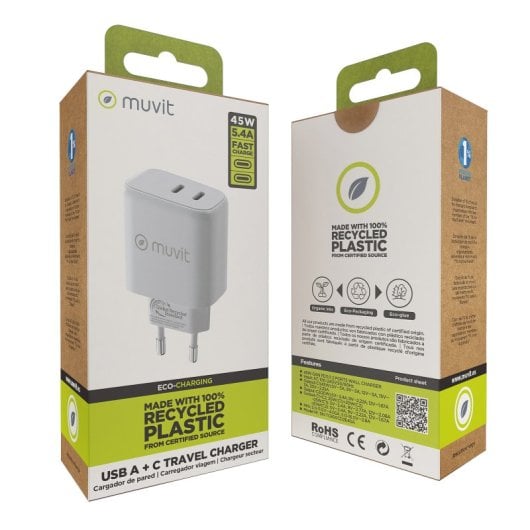Muvit For Change Cargador de Pared 1 USB-C PD 45W + 1 USB-C PD 20W Blanco