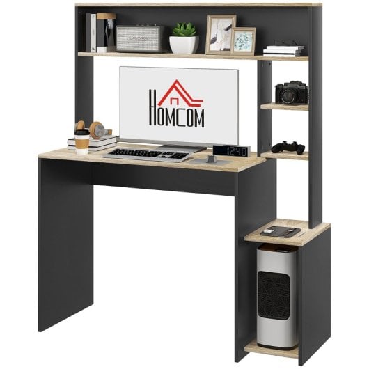 Homcom Mesa De Ordenador Moderna Con Estantes 114x45x138 Cm Gris Y Natural