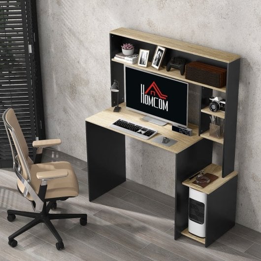Homcom Mesa De Ordenador Moderna Con Estantes 114x45x138 Cm Gris Y Natural