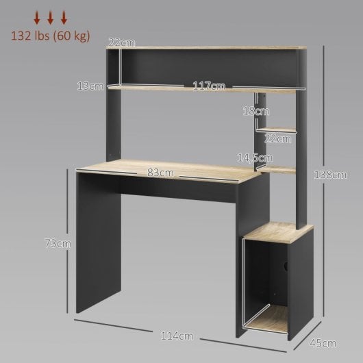 Homcom Mesa De Ordenador Moderna Con Estantes 114x45x138 Cm Gris Y Natural