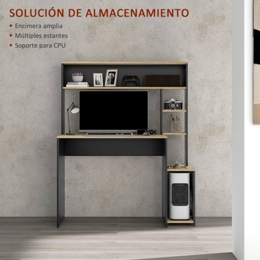 Homcom Mesa De Ordenador Moderna Con Estantes 114x45x138 Cm Gris Y Natural