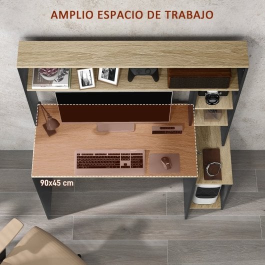 Homcom Mesa De Ordenador Moderna Con Estantes 114x45x138 Cm Gris Y Natural