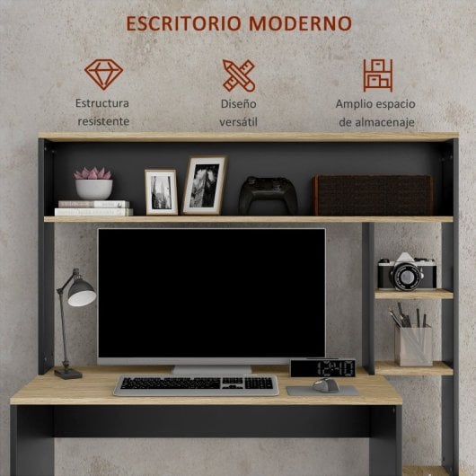 Homcom Mesa De Ordenador Moderna Con Estantes 114x45x138 Cm Gris Y Natural