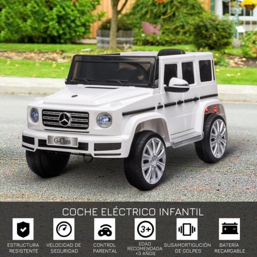 Homcom Coche Eléctrico Para Niños De +3 Años Benz G500 Carga 30 Kg Blanco