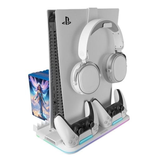 Mars Gaming MPS5-B2 Soporte Neón RGB PS5 Slim Estándar y Digital con Cargador Doble de Mandos Blanco
