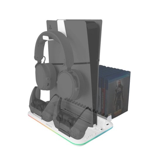 Mars Gaming MPS5-B2 Soporte Neón RGB PS5 Slim Estándar y Digital con Cargador Doble de Mandos Blanco