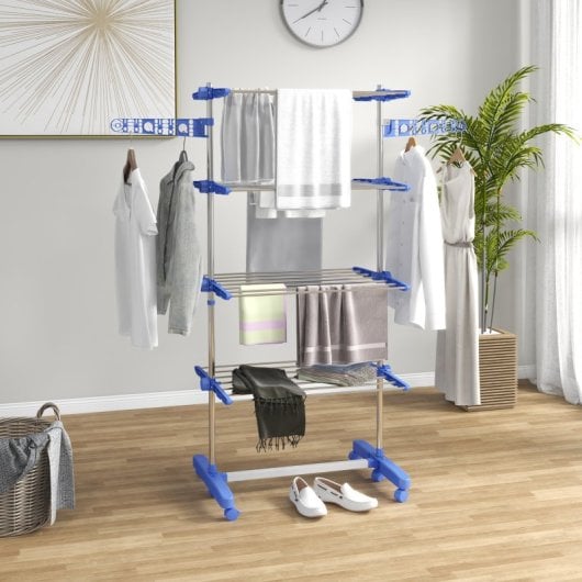 Homcom Tendedero Vertical Plegable De 4 Niveles Con 6 Ruedas Azul