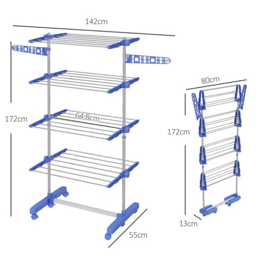 Homcom Tendedero Vertical Plegable De 4 Niveles Con 6 Ruedas Azul