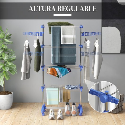 Homcom Tendedero Vertical Plegable De 4 Niveles Con 6 Ruedas Azul
