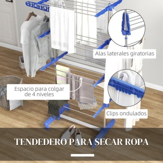 Homcom Tendedero Vertical Plegable De 4 Niveles Con 6 Ruedas Azul