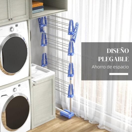 Homcom Tendedero Vertical Plegable De 4 Niveles Con 6 Ruedas Azul