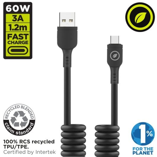 Muvit For Change Cabo Encaracolado USB para USB-C 3A/60w 1,2m Preto