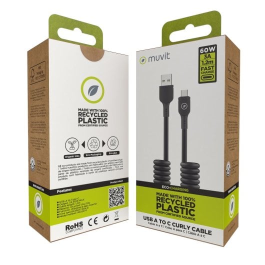 Muvit For Change Cabo Encaracolado USB para USB-C 3A/60w 1,2m Preto