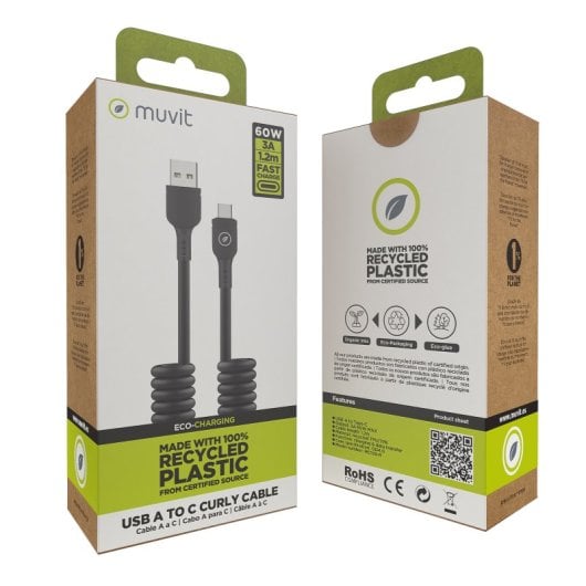 Muvit For Change Cabo Encaracolado USB para USB-C 3A/60w 1,2m Preto