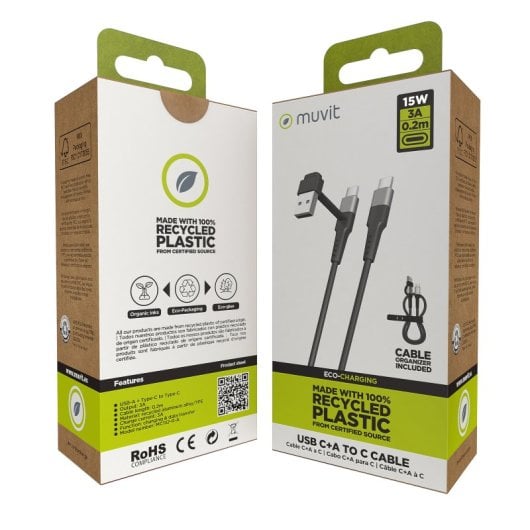 Muvit For Change Cable USB-C + USB a USB-C 3A/15w 0,2m Negro
