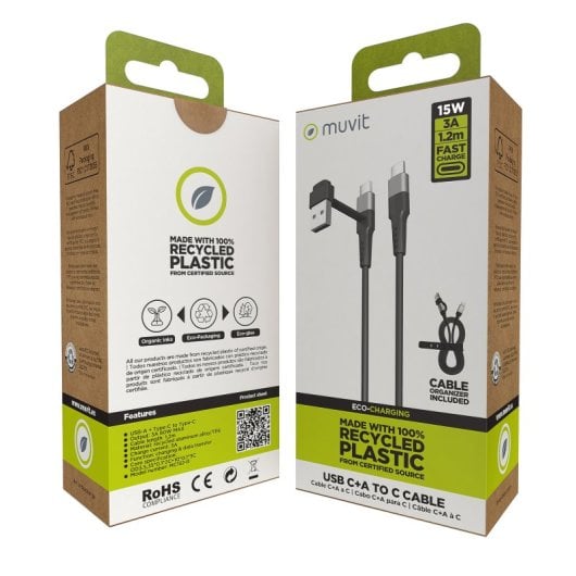 Muvit For Change Cabo USB-C + USB para USB-C 3A/15W 1,2m Preto