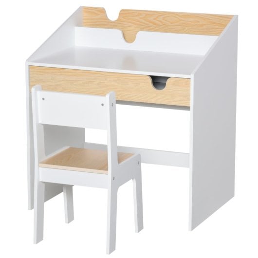 Homcom Mesa para Crianças Com Cadeira 70x50x75 Cm Branco e Natural