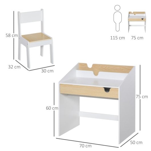 Homcom Mesa para Crianças Com Cadeira 70x50x75 Cm Branco e Natural
