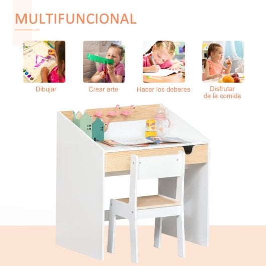 Homcom Mesa para Crianças Com Cadeira 70x50x75 Cm Branco e Natural