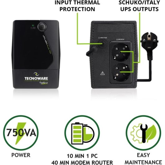 Tecnoware Era Plus 750 UPS Linha Interativa 750VA 525W com 2 Saídas Schuko
