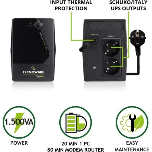 Tecnoware Era Plus 1500 SAI Línea Interactiva 1500VA 1050W con 2 Salidas Schuko