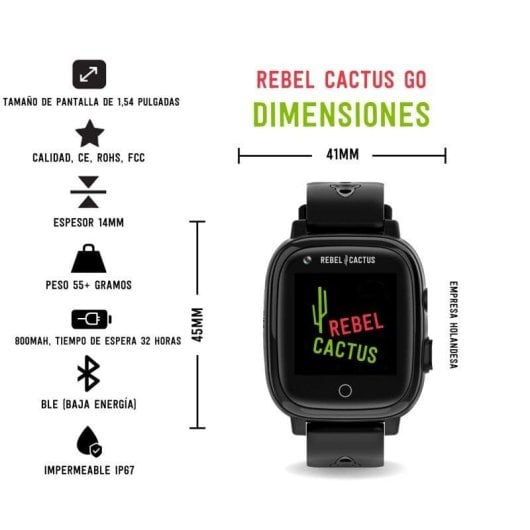 Rebel Cactus GO 4G WiFi Bluetooth GPS 41mm Schermo 1,4" Nero Resistente all’Acqua IP67 SOS